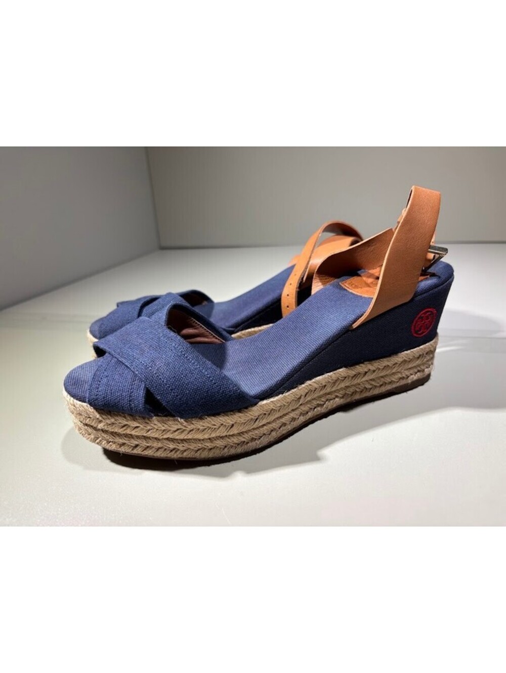 Tory Burch Navy Canvas Espadrille Wedge Sandals - Picture 4 of 9